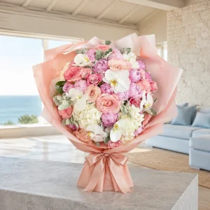 Lüks Pembe Şakayık & Beyaz Orkide VIP Çiçek Buketi – Pastel Masalı