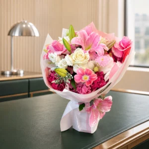 Pembe Lilyum & Gül VIP Çiçek Buketi – Pembe Zarafet